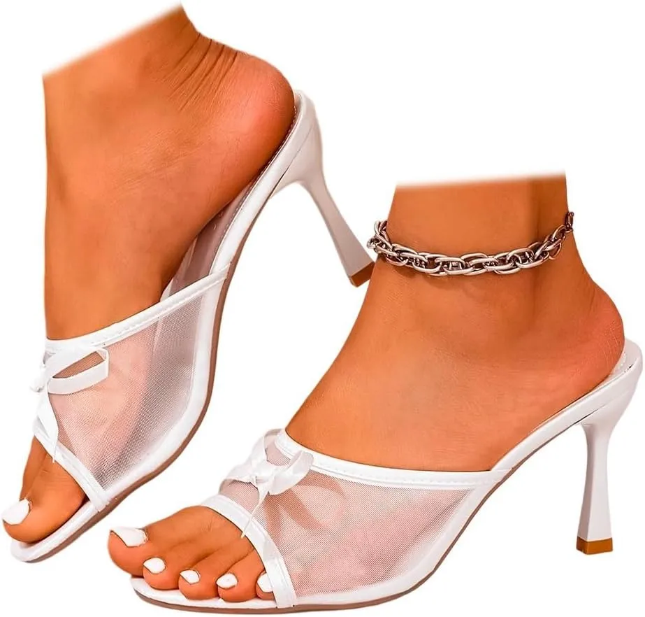 Womens Heeled Sandals Open Toe Kitten Heels Sandals Slip On Bow Mesh Mules Backless Dress Shoes for Party Wedding