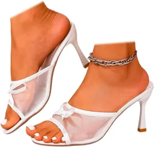 Womens Heeled Sandals Open Toe Kitten Heels Sandals Slip On Bow Mesh Mules Backless Dress Shoes for Party Wedding