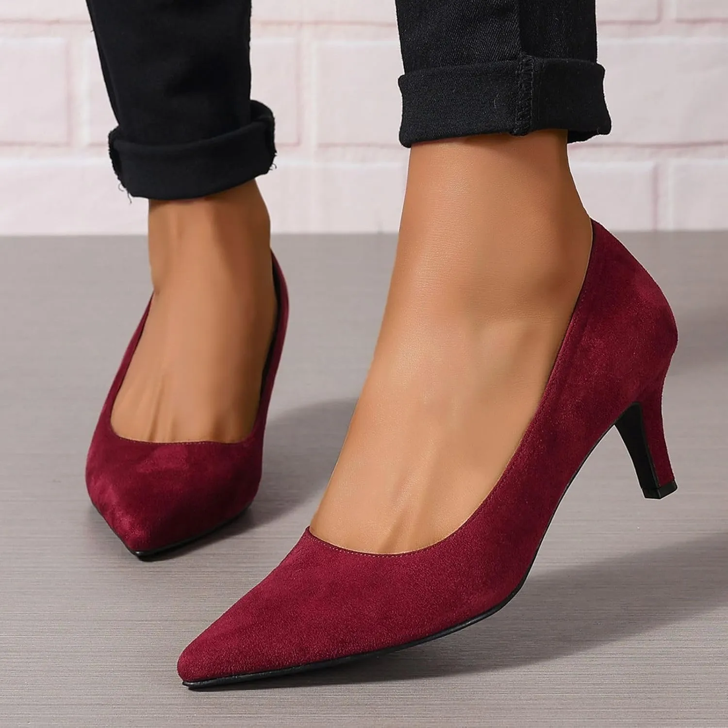 Women's Kitten Heels Dress Shoes Pointed Toe Suede Pumps Mid Heel Comfortable Slip On Party Dress Shoes