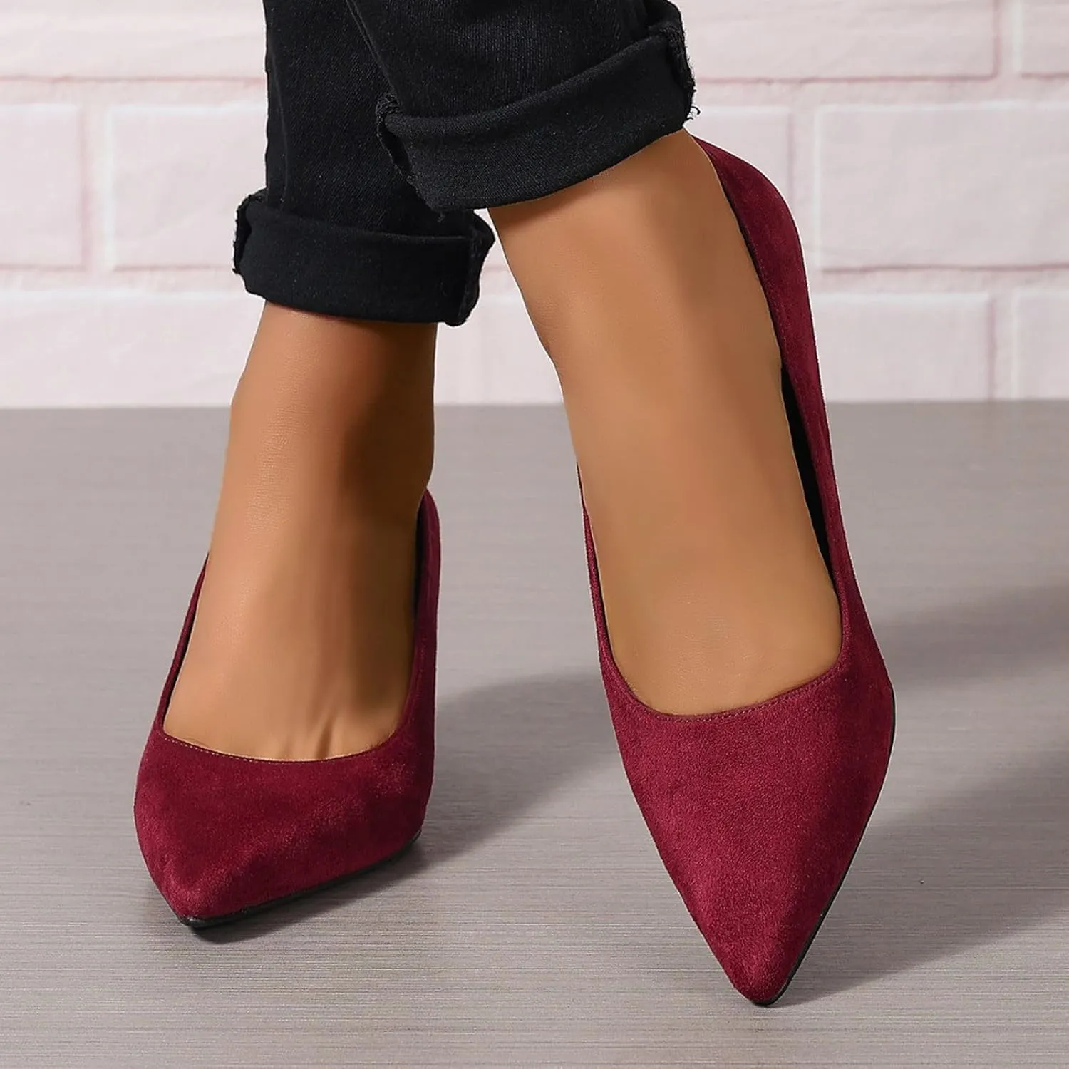 Women's Kitten Heels Dress Shoes Pointed Toe Suede Pumps Mid Heel Comfortable Slip On Party Dress Shoes