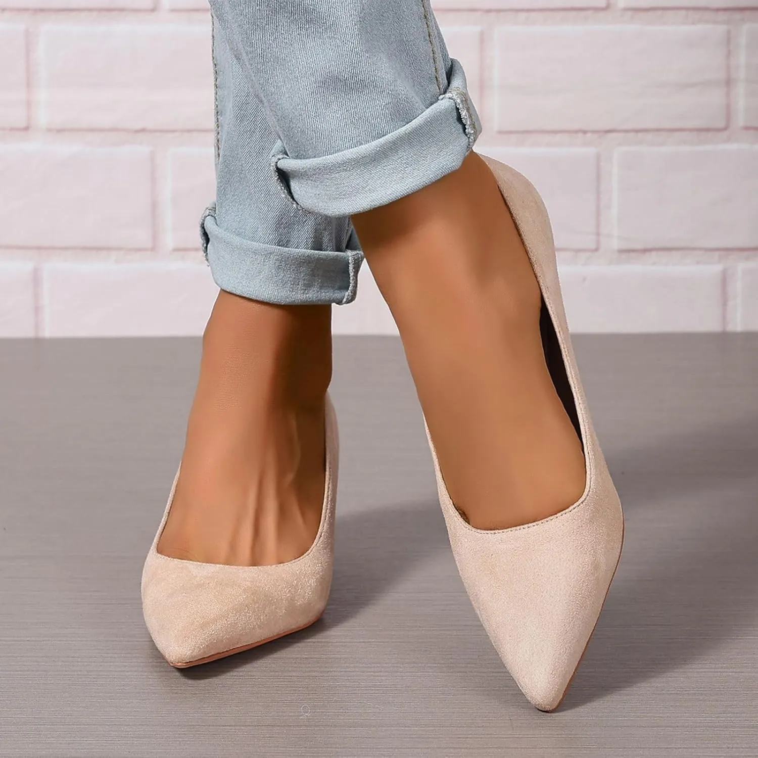 Women's Kitten Heels Dress Shoes Pointed Toe Suede Pumps Mid Heel Comfortable Slip On Party Dress Shoes