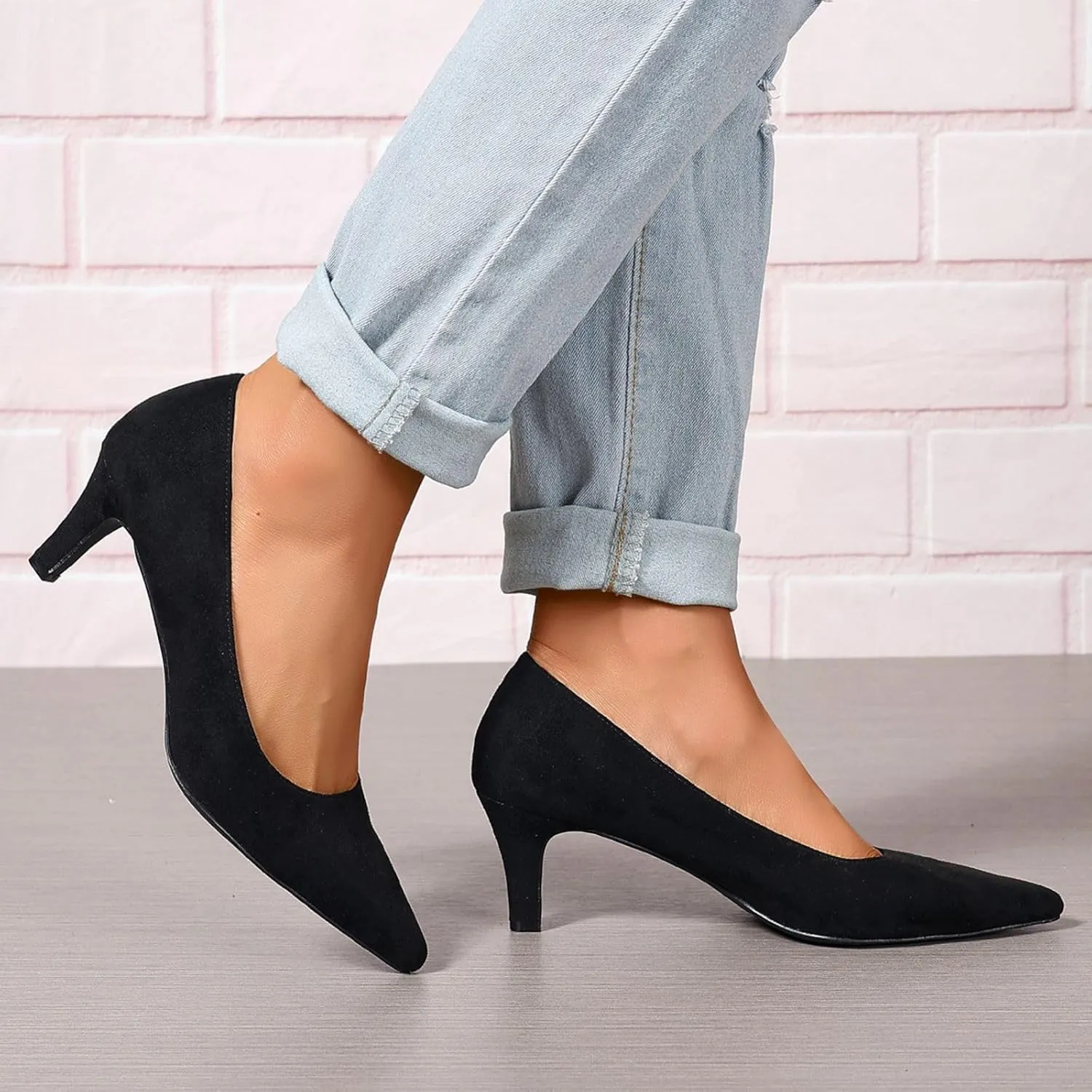 Women's Kitten Heels Dress Shoes Pointed Toe Suede Pumps Mid Heel Comfortable Slip On Party Dress Shoes