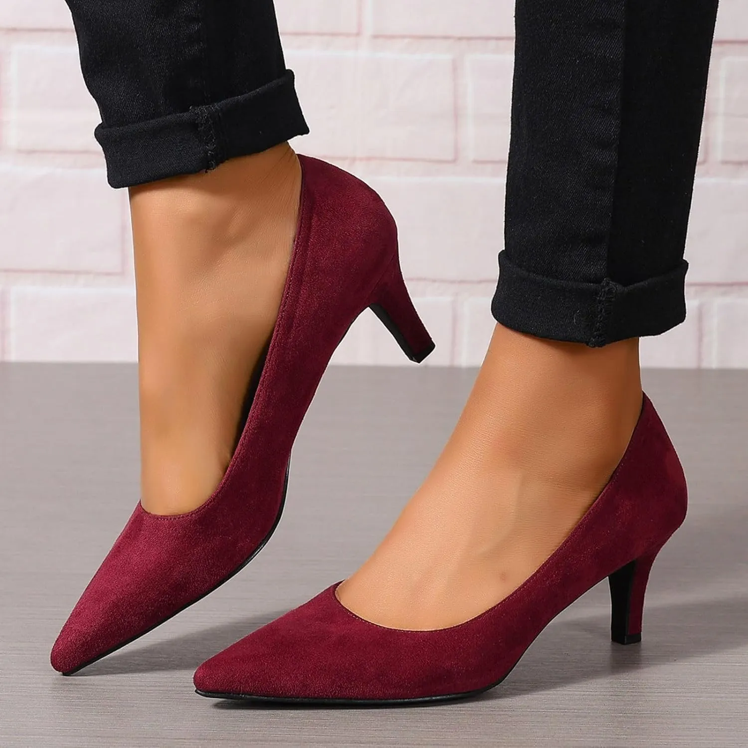 Women's Kitten Heels Dress Shoes Pointed Toe Suede Pumps Mid Heel Comfortable Slip On Party Dress Shoes