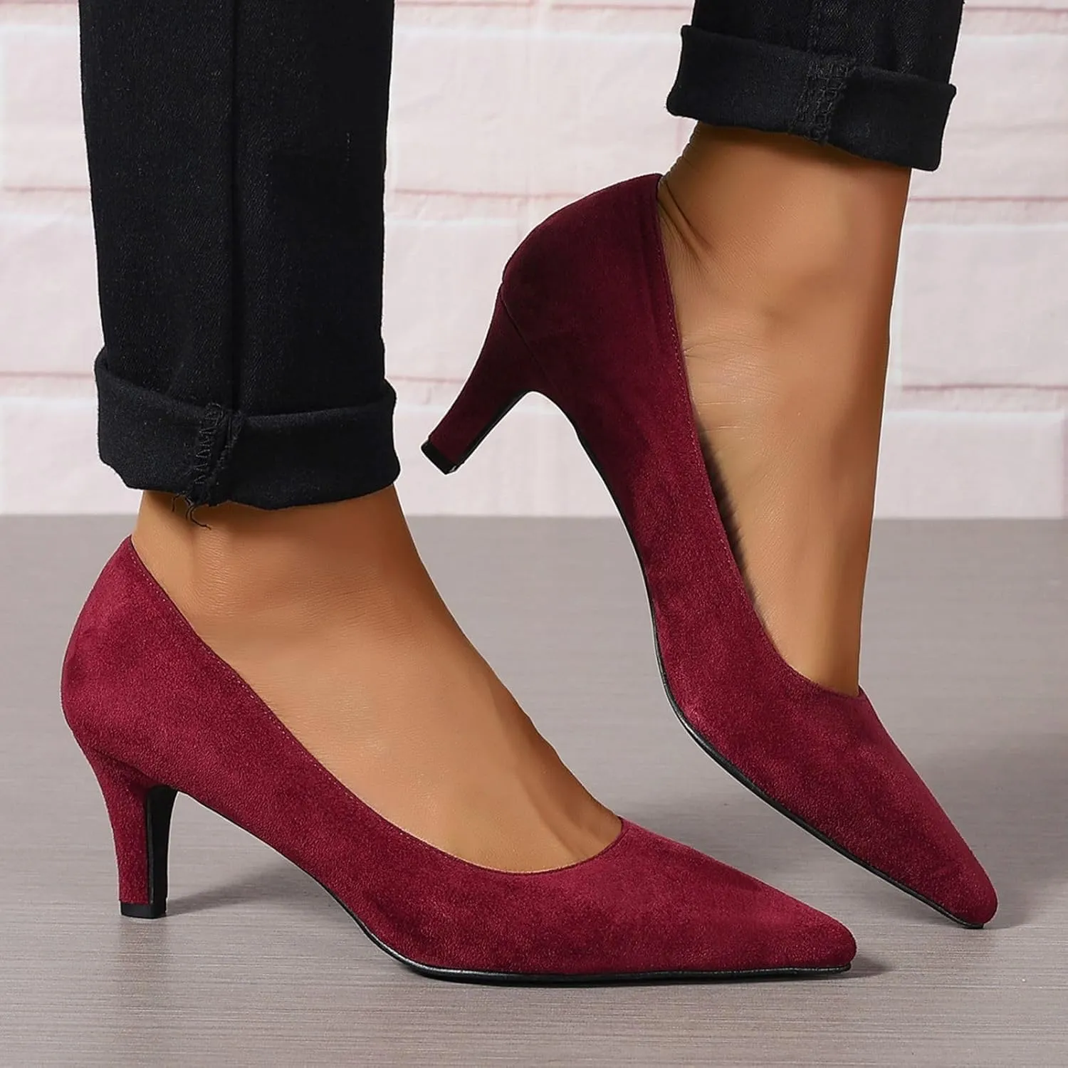 Women's Kitten Heels Dress Shoes Pointed Toe Suede Pumps Mid Heel Comfortable Slip On Party Dress Shoes