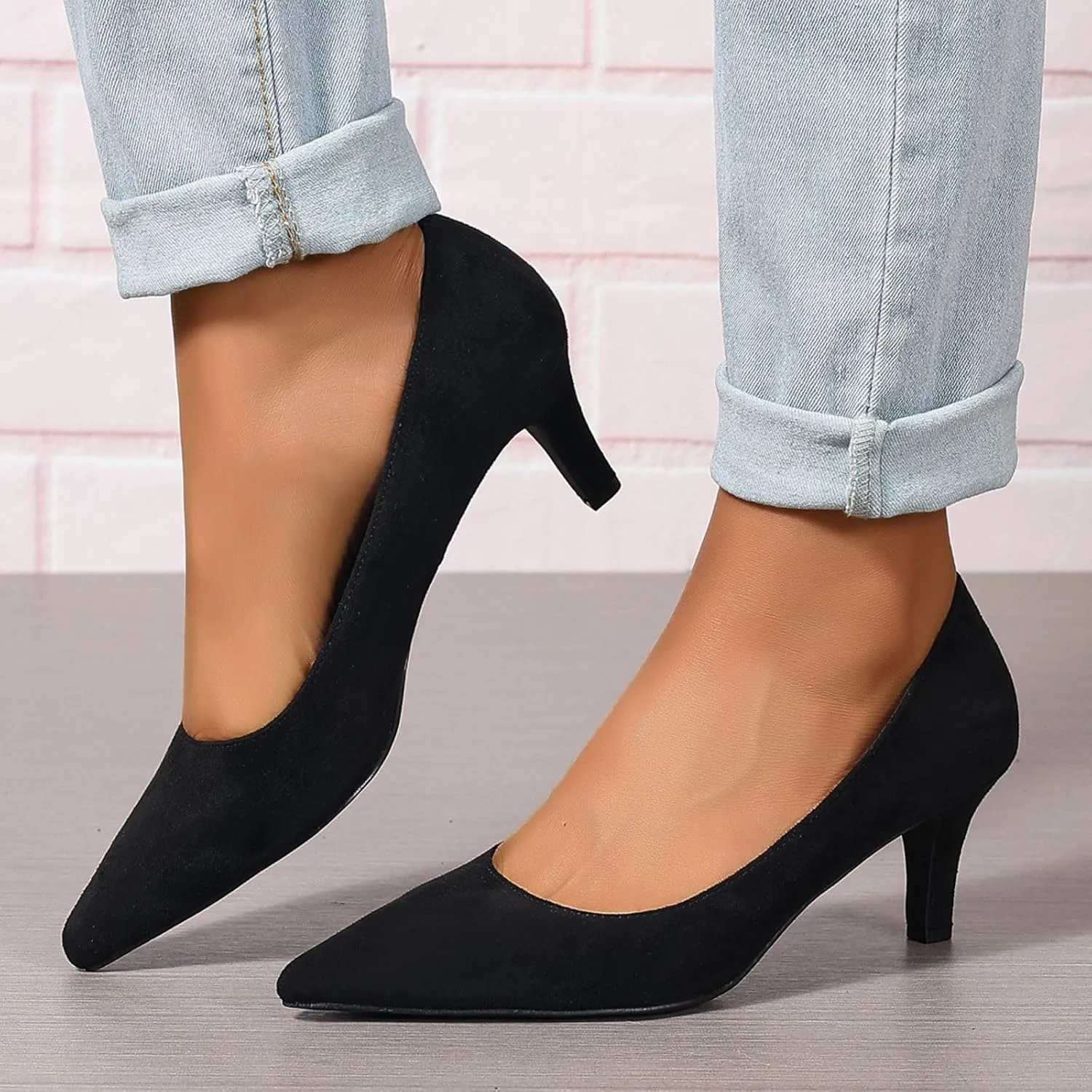 Women's Kitten Heels Dress Shoes Pointed Toe Suede Pumps Mid Heel Comfortable Slip On Party Dress Shoes