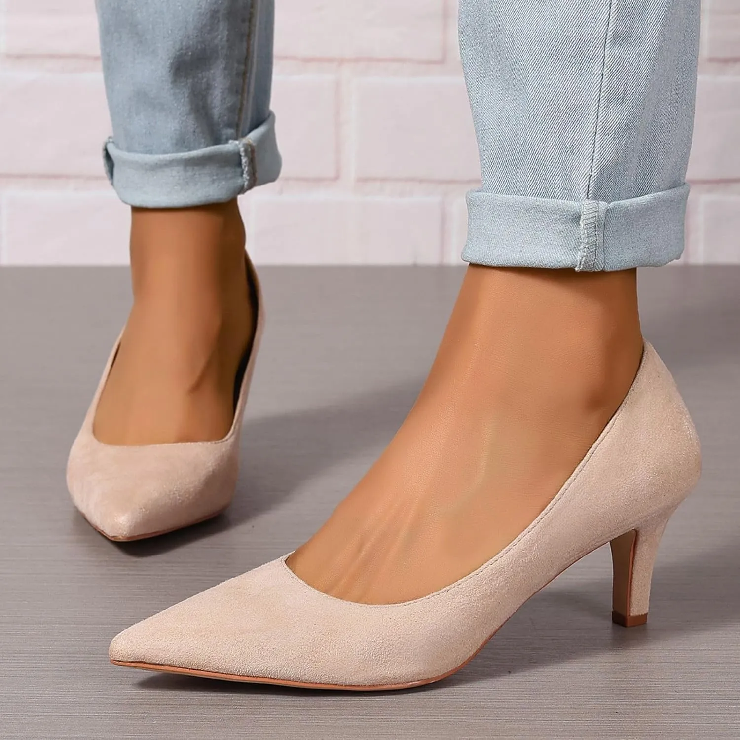 Women's Kitten Heels Dress Shoes Pointed Toe Suede Pumps Mid Heel Comfortable Slip On Party Dress Shoes