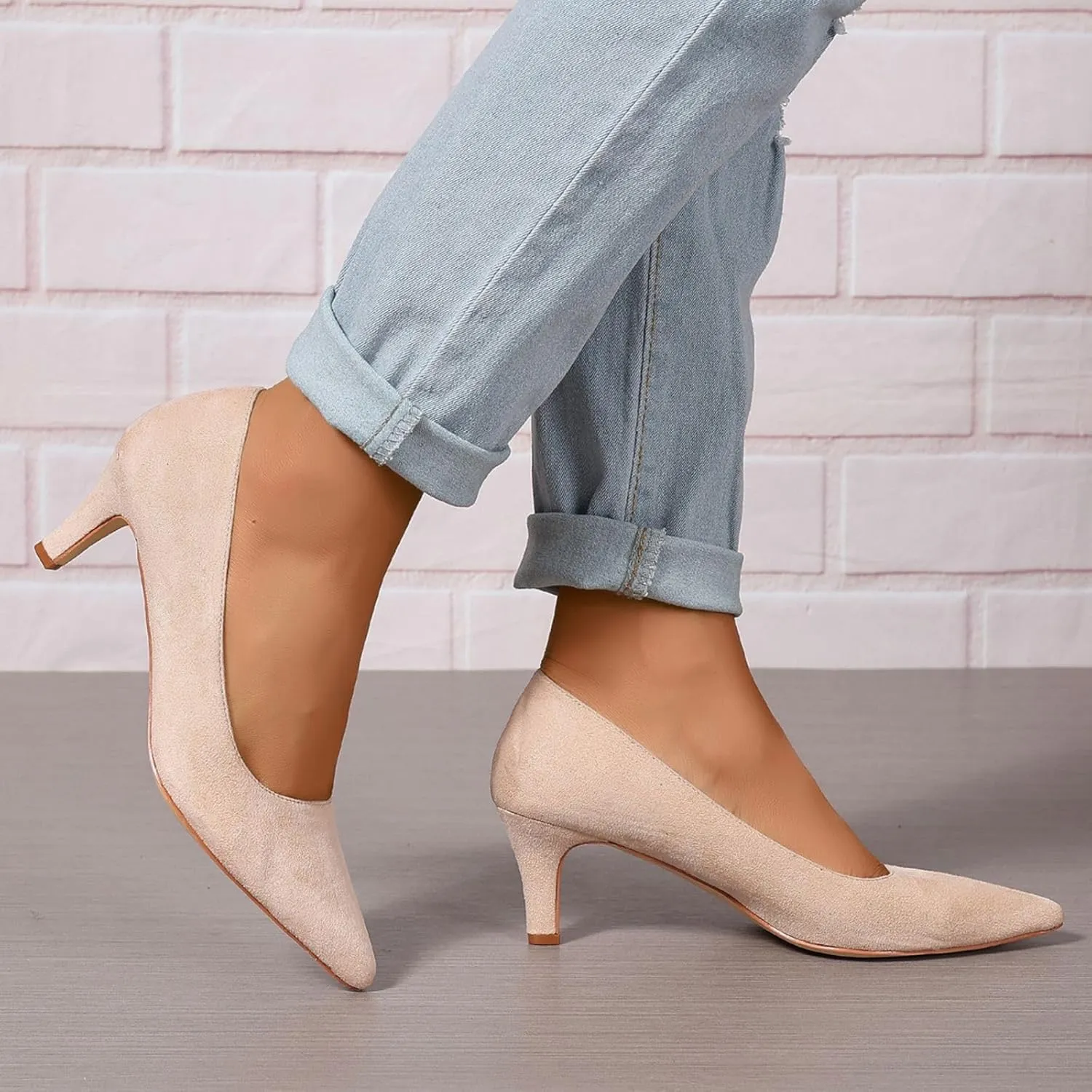 Women's Kitten Heels Dress Shoes Pointed Toe Suede Pumps Mid Heel Comfortable Slip On Party Dress Shoes