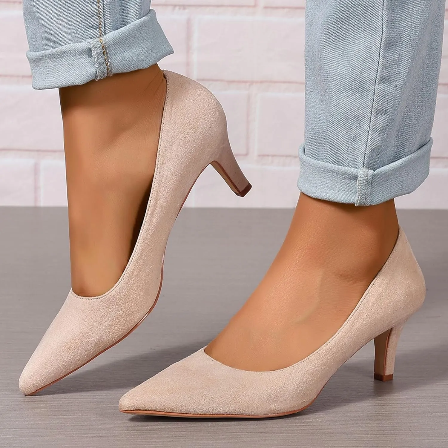Women's Kitten Heels Dress Shoes Pointed Toe Suede Pumps Mid Heel Comfortable Slip On Party Dress Shoes