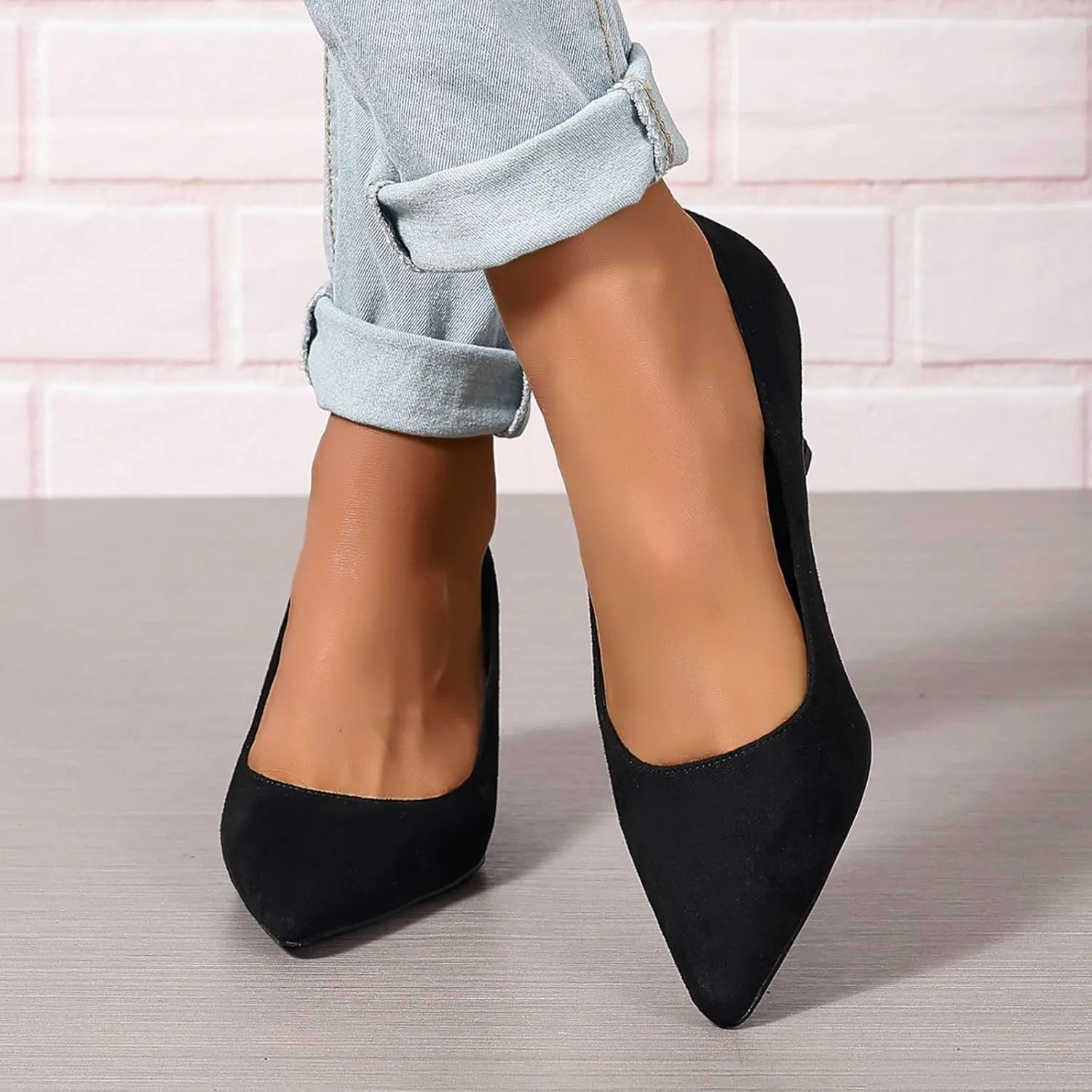 Women's Kitten Heels Dress Shoes Pointed Toe Suede Pumps Mid Heel Comfortable Slip On Party Dress Shoes