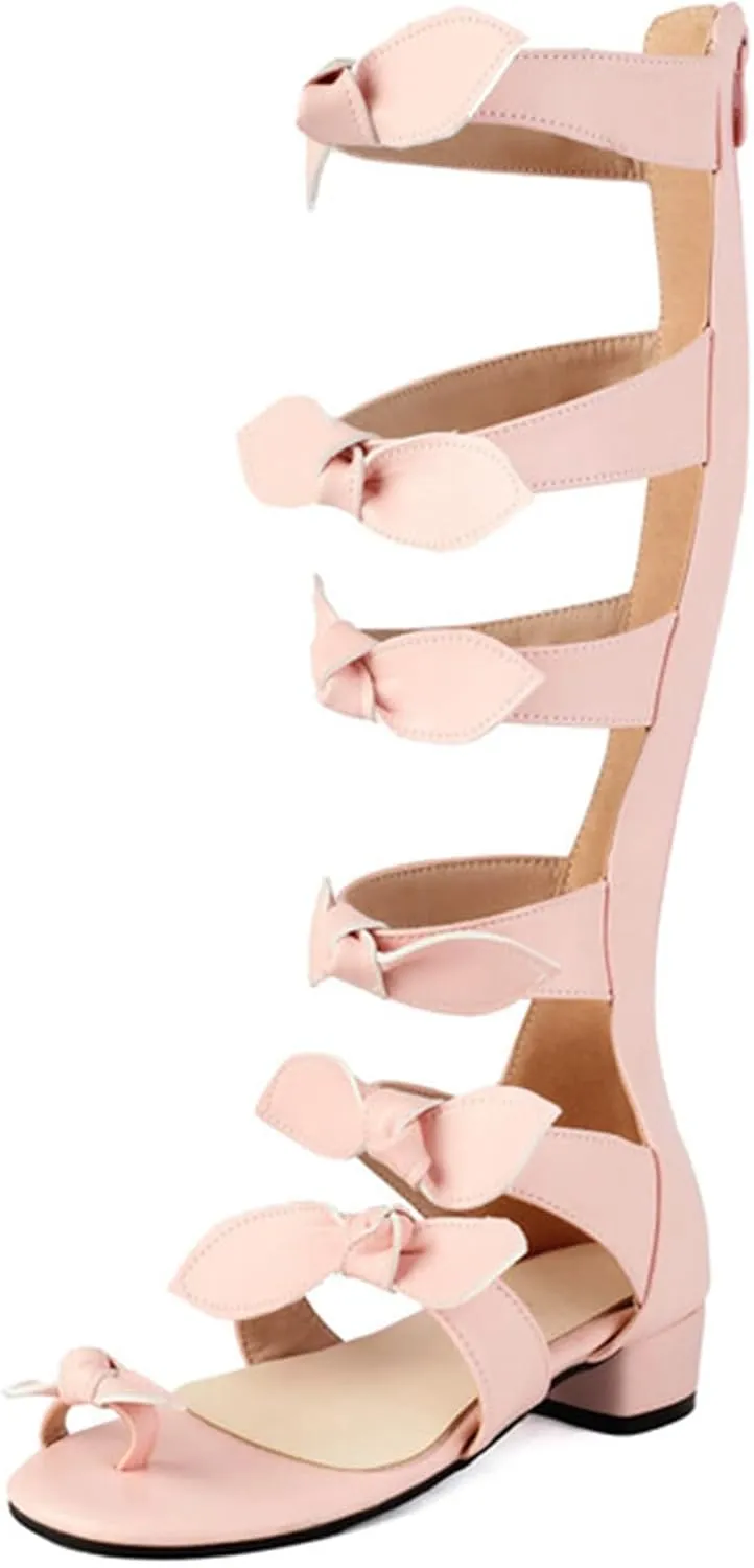 Womens Knee High Gladiator Sandals Bow Ring Toe Summer Dressy Boots Back Zipper Low Heel Sandals
