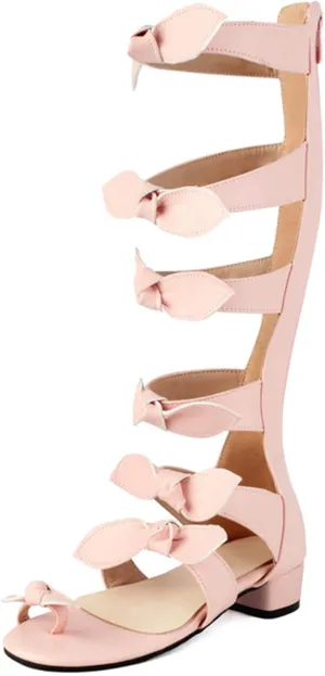 Womens Knee High Gladiator Sandals Bow Ring Toe Summer Dressy Boots Back Zipper Low Heel Sandals
