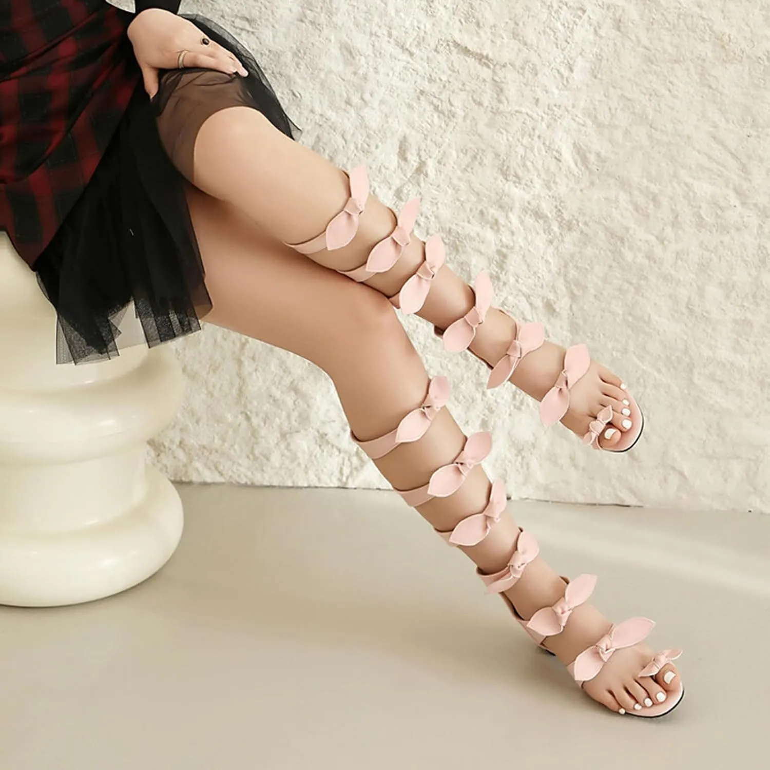 Womens Knee High Gladiator Sandals Bow Ring Toe Summer Dressy Boots Back Zipper Low Heel Sandals