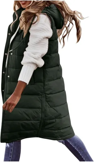 Women'S Long Vest Sleeveless Puffer Jacket Lightweight Hooded Down Outerwear Coat Quilted Vest With Hood Jacket
