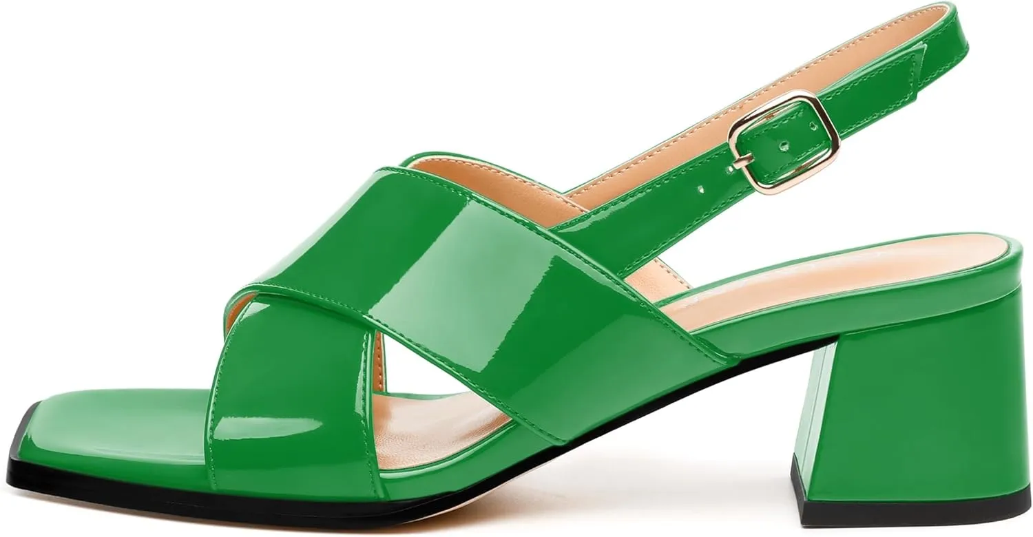 Women's Low Chunky Heel Sandals, Square Toe Slingback with Adjustable Buckle, Solid Color Heels for Weddings, Parties and Daily Wear, Fashion Sandals for Women