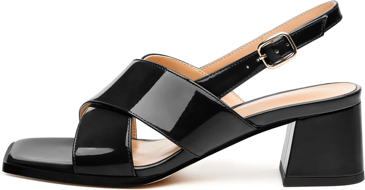 Women's Low Chunky Heel Sandals, Square Toe Slingback with Adjustable Buckle, Solid Color Heels for Weddings, Parties and Daily Wear, Fashion Sandals for Women