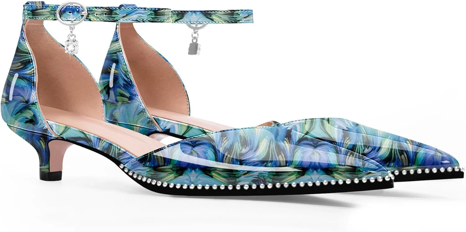 Women's Low Kitten Heel Pointed Toe Pumps Ankle Strap Patent Leather Prom Wedding Dress Shoes