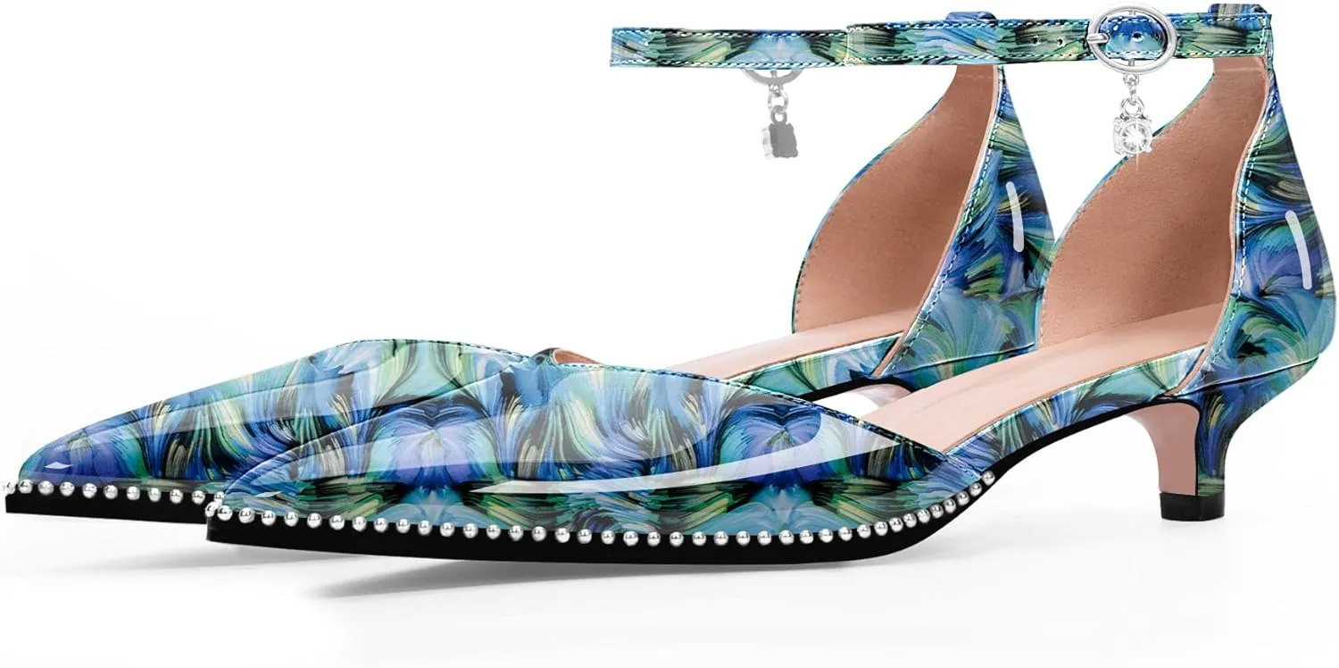 Women's Low Kitten Heel Pointed Toe Pumps Ankle Strap Patent Leather Prom Wedding Dress Shoes