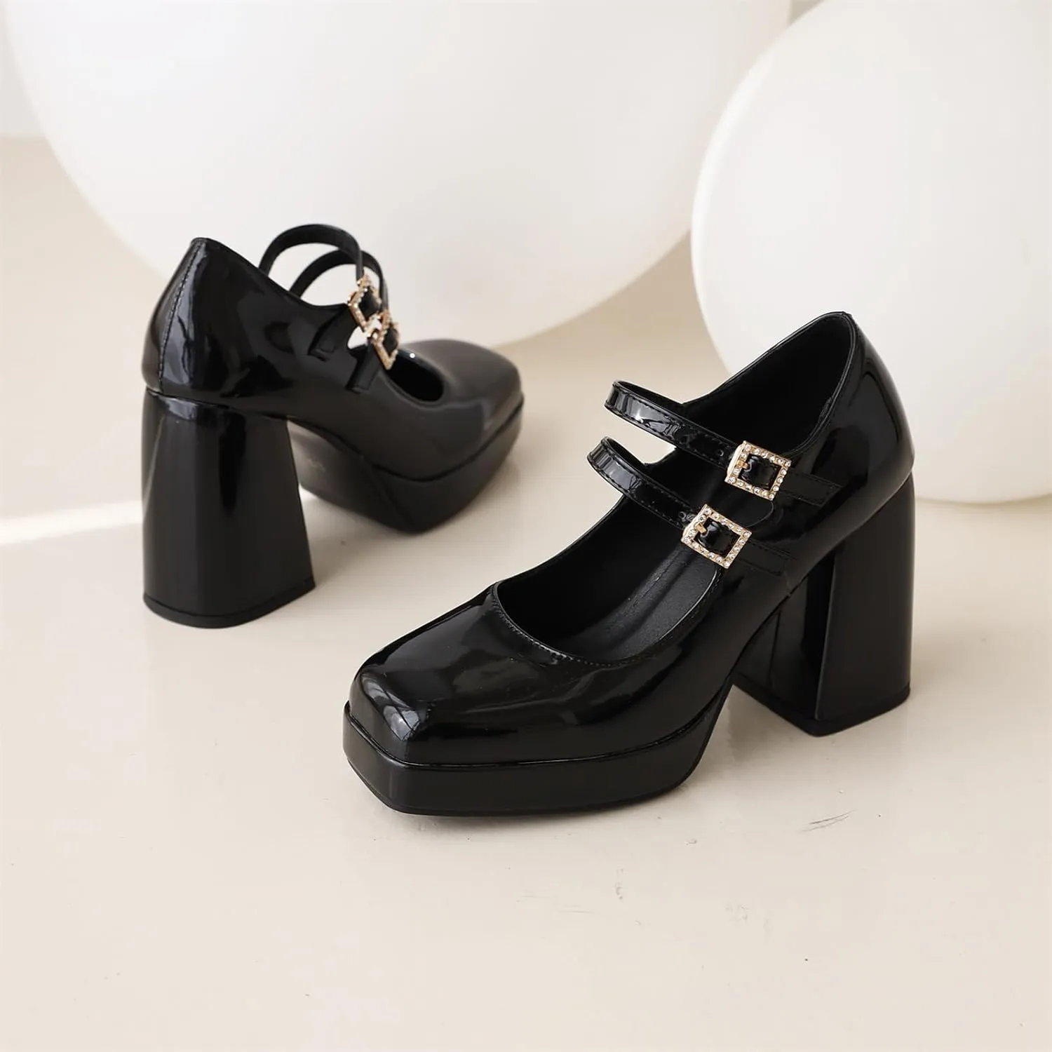 Women's Mary Jane Shoes Patent Leather Platform Closed Squared Toe Retro High Chunky Block Heels Double Ankle Strap Ladies Pumps for Dress Office Work Wedding Party Prom