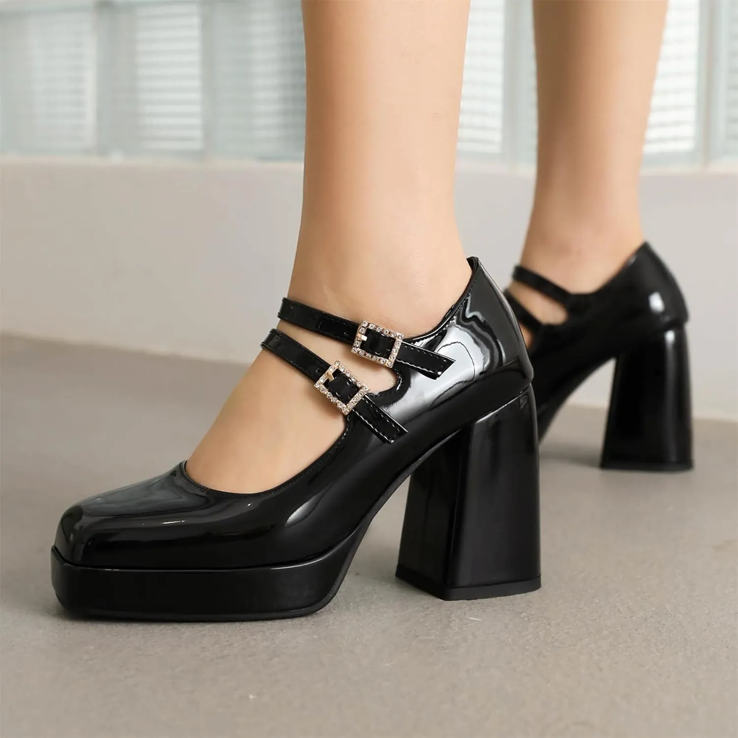 Women's Mary Jane Shoes Patent Leather Platform Closed Squared Toe Retro High Chunky Block Heels Double Ankle Strap Ladies Pumps for Dress Office Work Wedding Party Prom