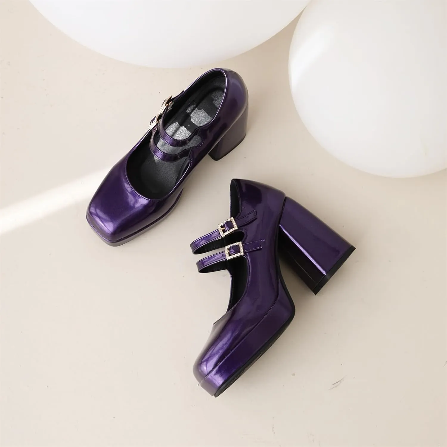 Women's Mary Jane Shoes Patent Leather Platform Closed Squared Toe Retro High Chunky Block Heels Double Ankle Strap Ladies Pumps for Dress Office Work Wedding Party Prom