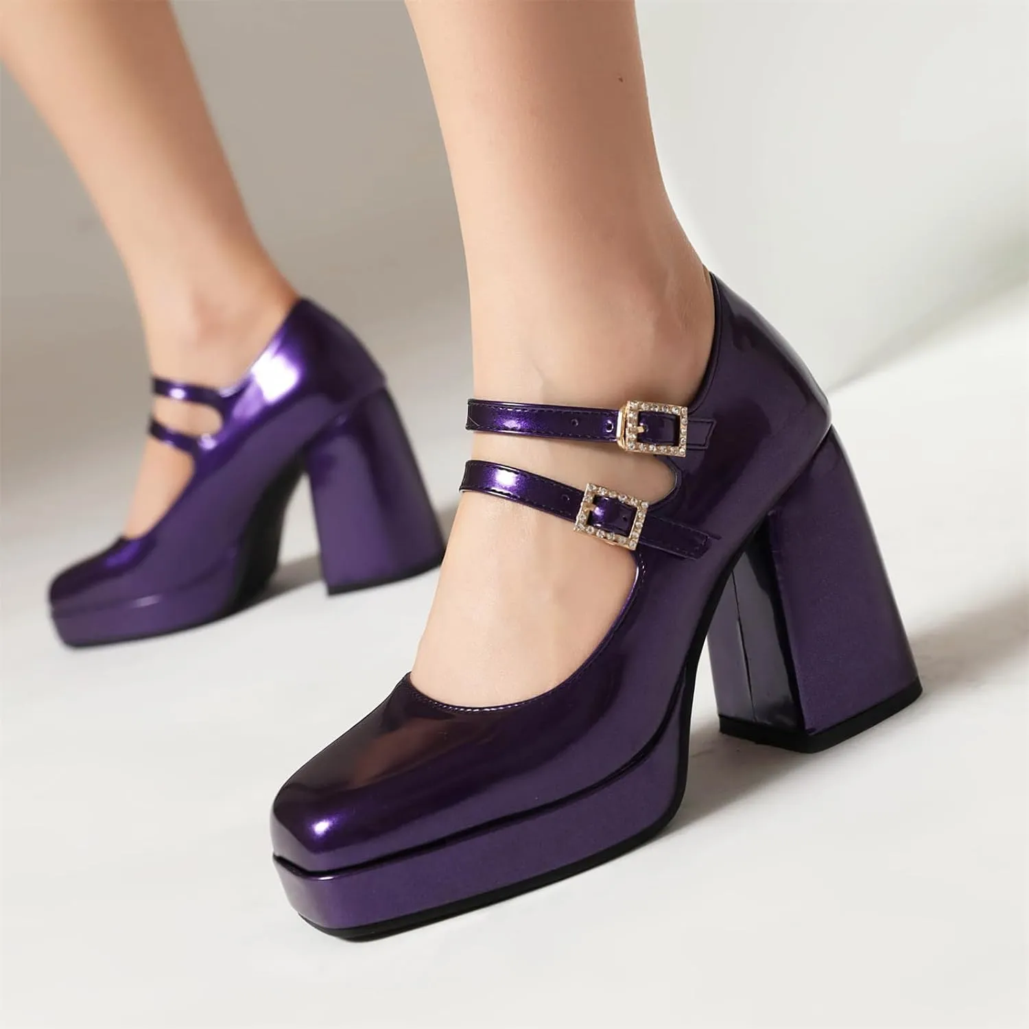 Women's Mary Jane Shoes Patent Leather Platform Closed Squared Toe Retro High Chunky Block Heels Double Ankle Strap Ladies Pumps for Dress Office Work Wedding Party Prom