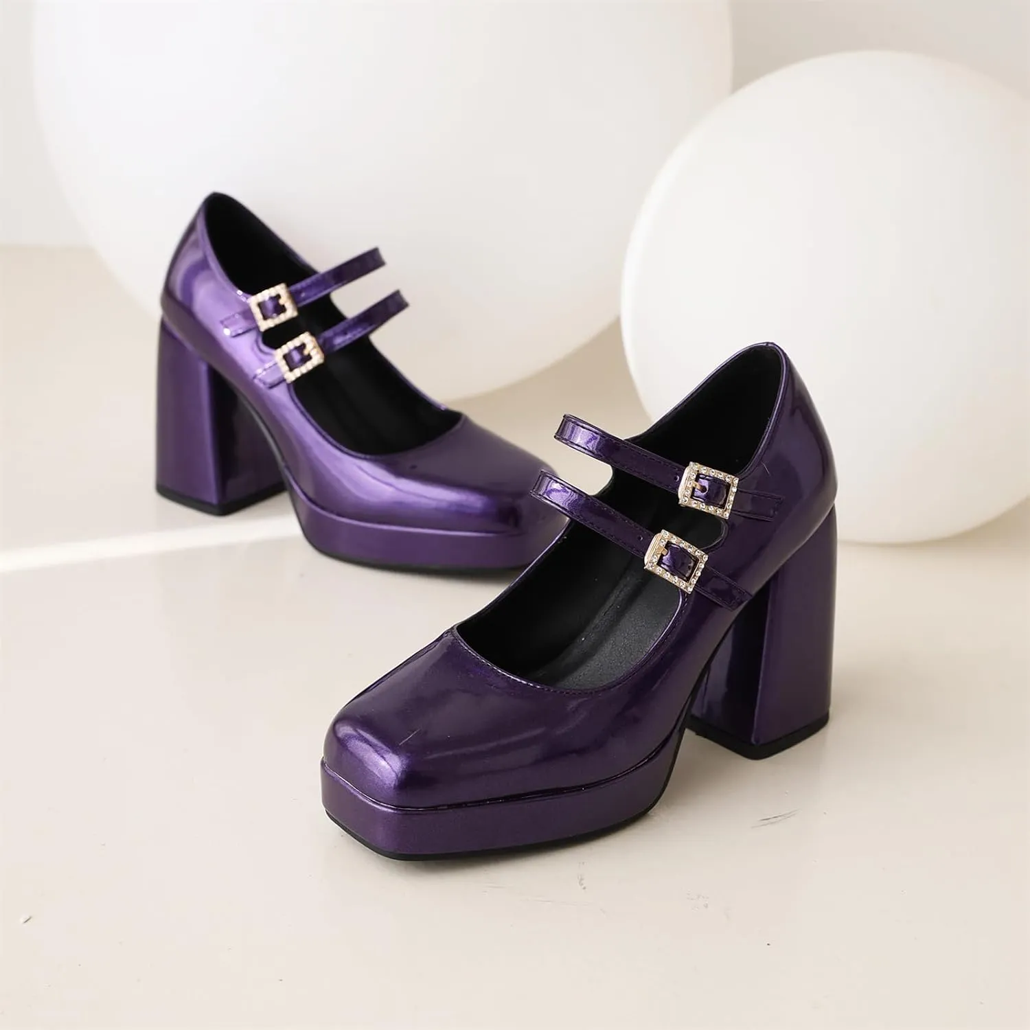Women's Mary Jane Shoes Patent Leather Platform Closed Squared Toe Retro High Chunky Block Heels Double Ankle Strap Ladies Pumps for Dress Office Work Wedding Party Prom