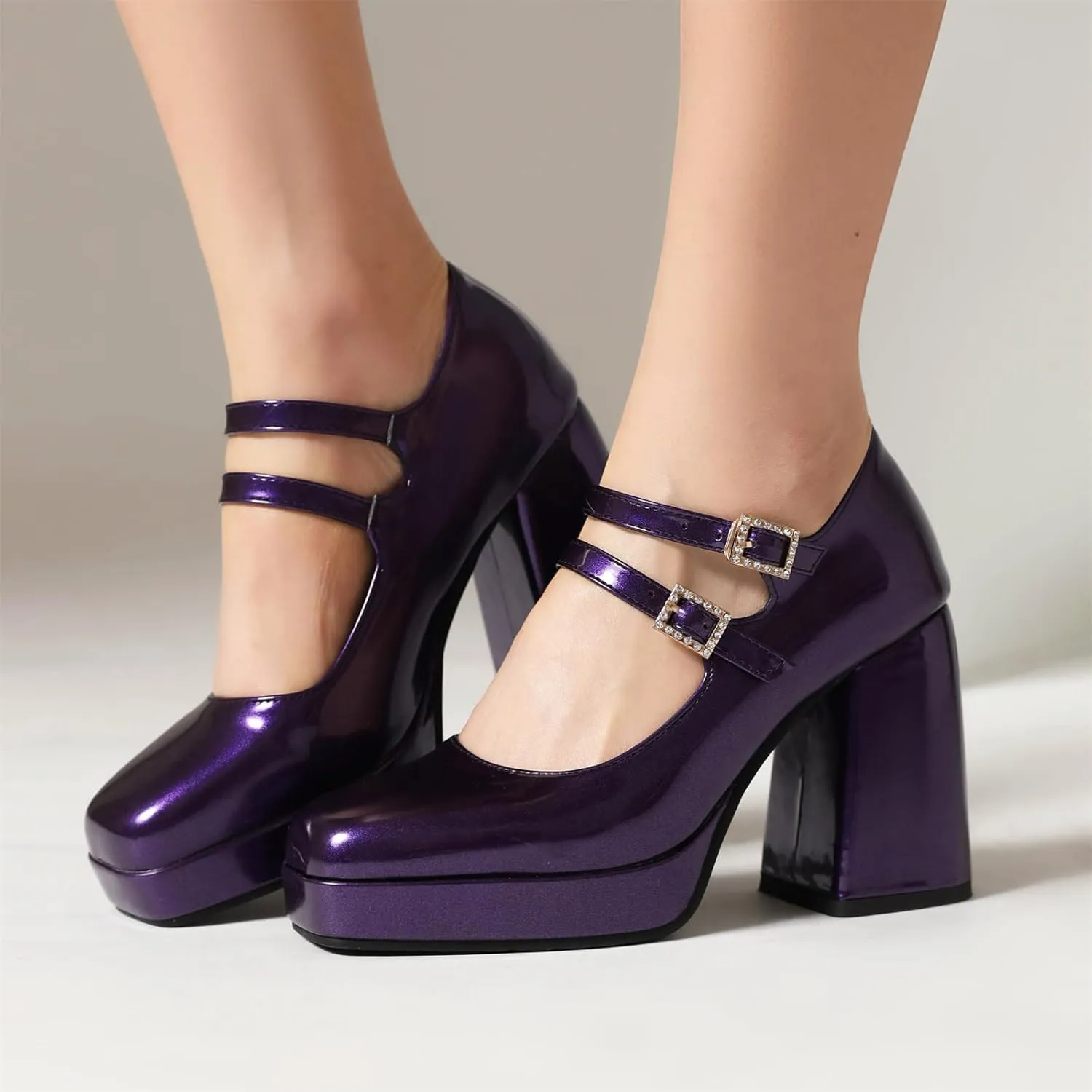 Women's Mary Jane Shoes Patent Leather Platform Closed Squared Toe Retro High Chunky Block Heels Double Ankle Strap Ladies Pumps for Dress Office Work Wedding Party Prom