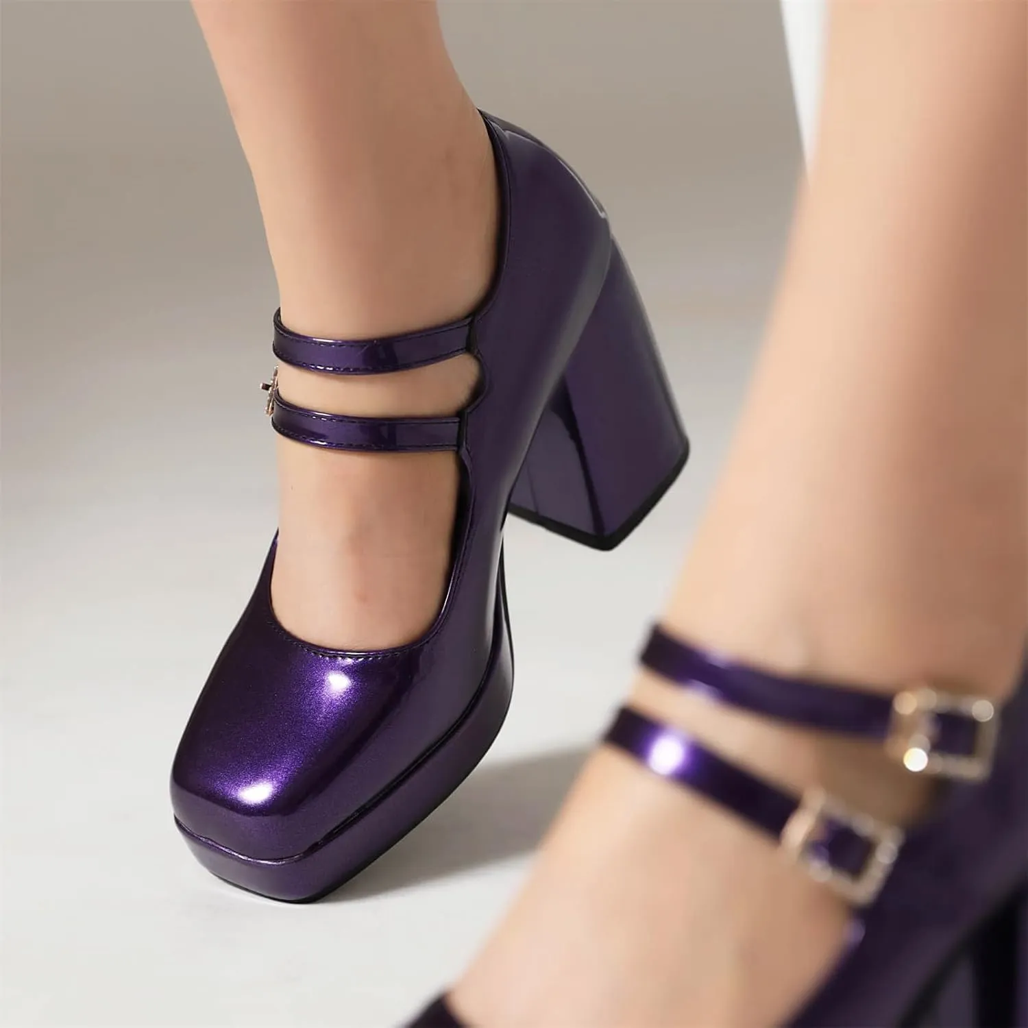 Women's Mary Jane Shoes Patent Leather Platform Closed Squared Toe Retro High Chunky Block Heels Double Ankle Strap Ladies Pumps for Dress Office Work Wedding Party Prom