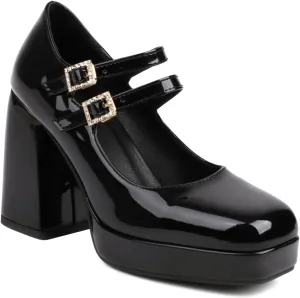 Women's Mary Jane Shoes Patent Leather Platform Closed Squared Toe Retro High Chunky Block Heels Double Ankle Strap Ladies Pumps for Dress Office Work Wedding Party Prom