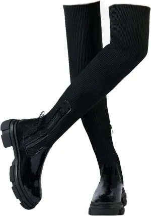 Women's Over The Knee Thigh Low Chunky Heel Boots Round-Toe Side Zip Knit Sock Long Boots Platform Chunky Heel Booties