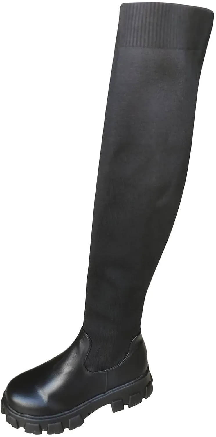 Women's Over The Knee Thigh Low Chunky Heel Boots Round-Toe Side Zip Knit Sock Long Boots Platform Chunky Heel Booties