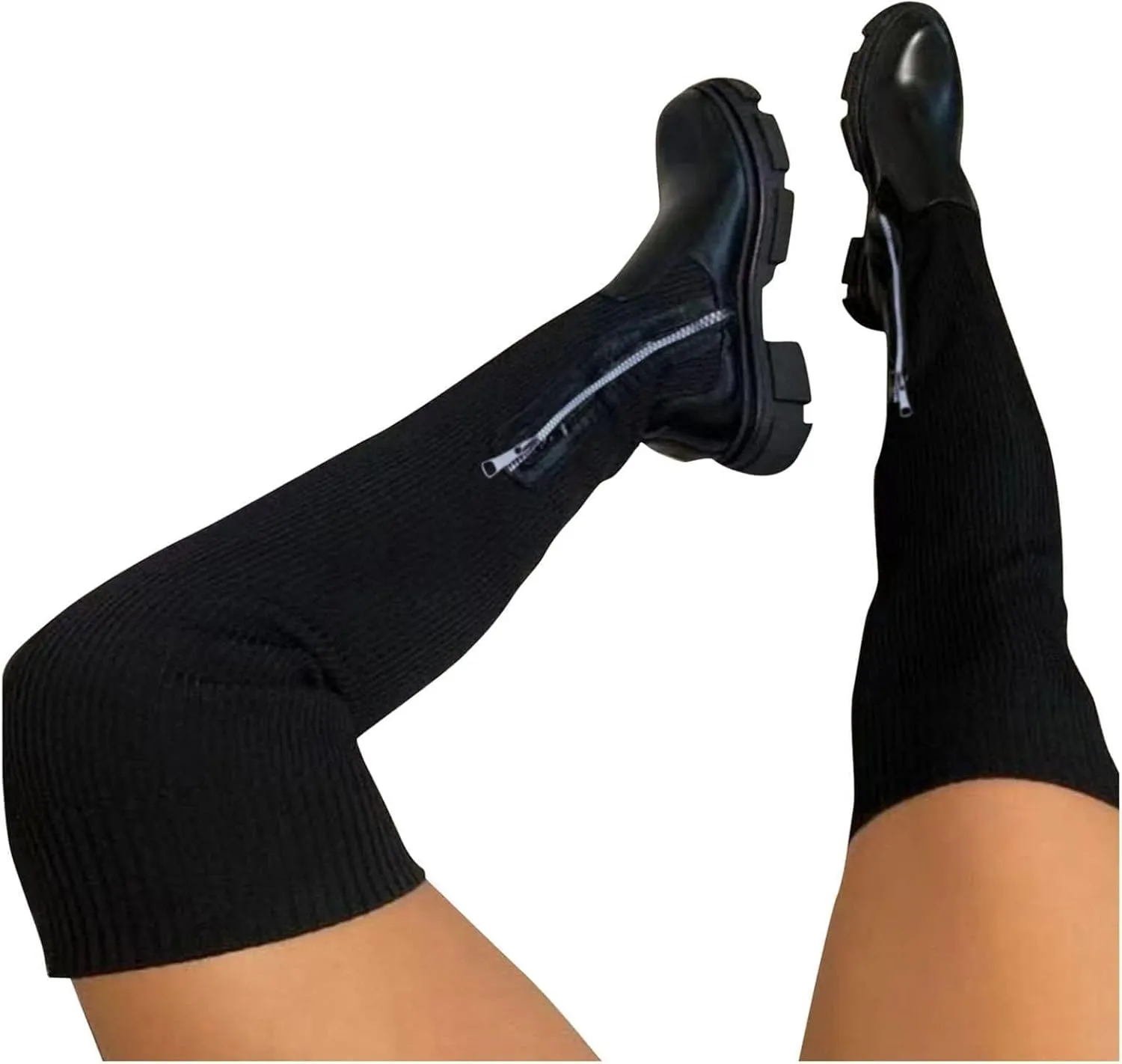Women's Over The Knee Thigh Low Chunky Heel Boots Round-Toe Side Zip Knit Sock Long Boots Platform Chunky Heel Booties