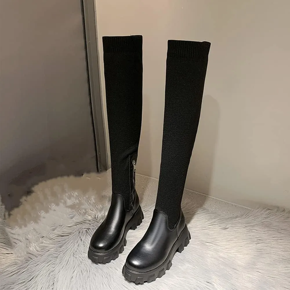 Women's Over The Knee Thigh Low Chunky Heel Boots Round-Toe Side Zip Knit Sock Long Boots Platform Chunky Heel Booties