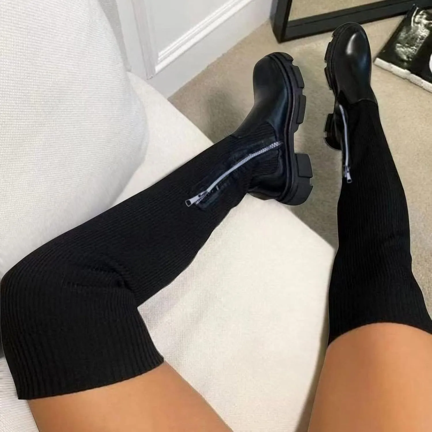 Women's Over The Knee Thigh Low Chunky Heel Boots Round-Toe Side Zip Knit Sock Long Boots Platform Chunky Heel Booties