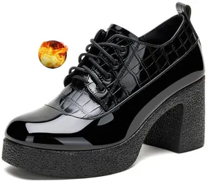 Women's Patent Leather Chunky Heel Dress Oxford Shoes Fashionable Round Head Print Platform High Heels Lace Up Pumps Business Work Shoes