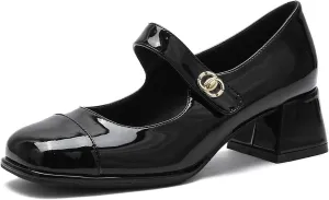 Women's Patent Leather Classic Mary Jane Chunky Heel,Dressy Round Toe Pumps,Retro Mary Jane Soft Work Low Heels