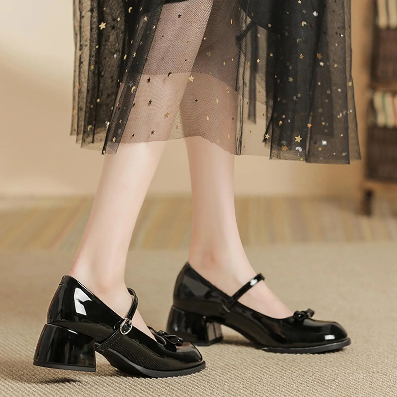 Women's Patent Leather Low Chunky Block Heel Mary Jane Pumps Fashion Classic Bowknots Round Toe Buckle Strap Work Pumps Casual Business Office Wedding Dress Shoes