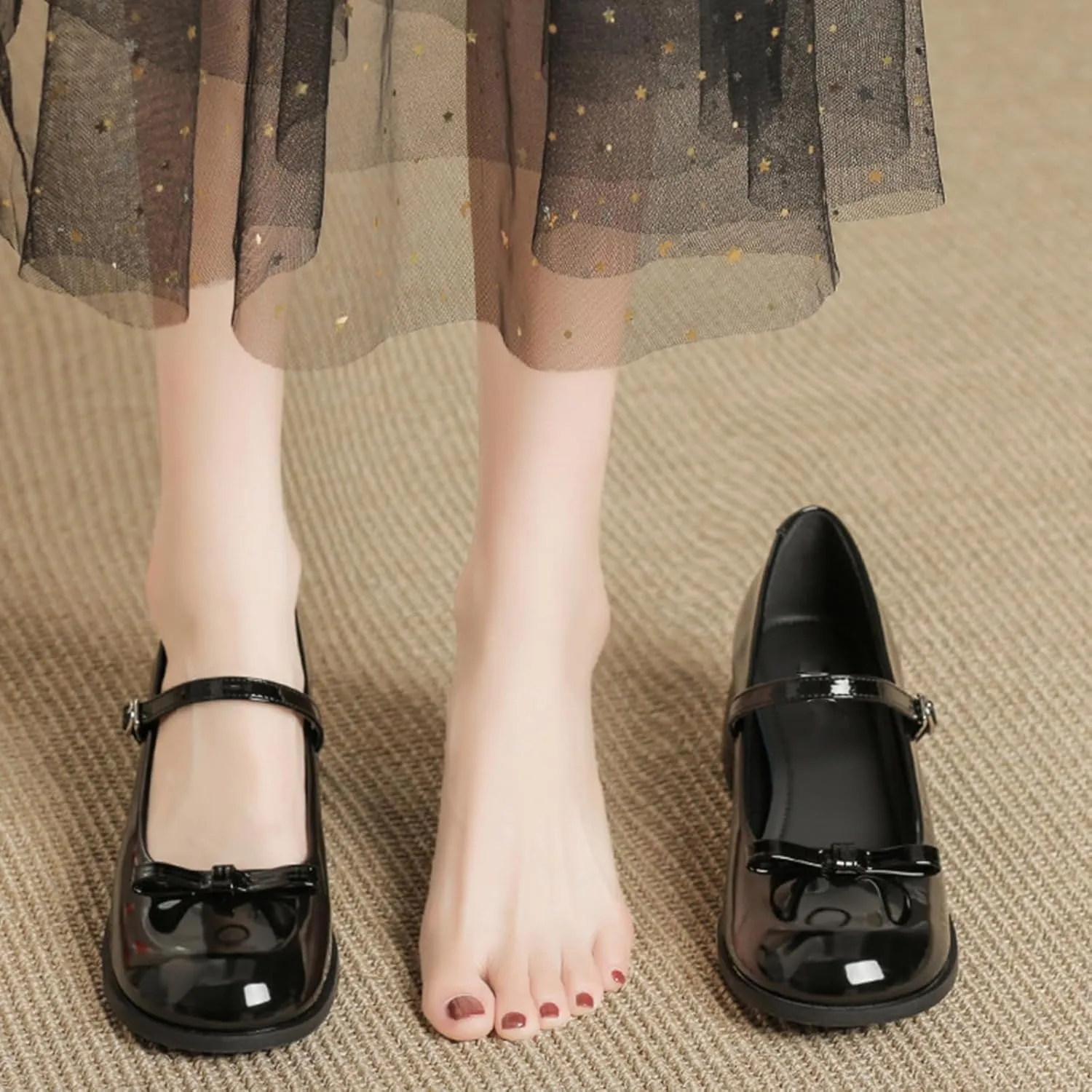 Women's Patent Leather Low Chunky Block Heel Mary Jane Pumps Fashion Classic Bowknots Round Toe Buckle Strap Work Pumps Casual Business Office Wedding Dress Shoes
