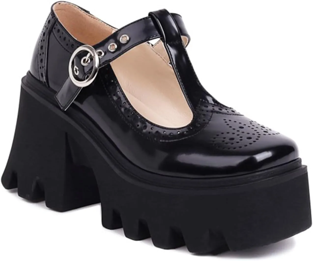 Women's Patent Leather Mary Jane Pumps - Chunky Heel Platform Shoes with T-Strap Non-Slip Lug Sole & Adjustable Hook Loop Dressy Heels for Work or Parties