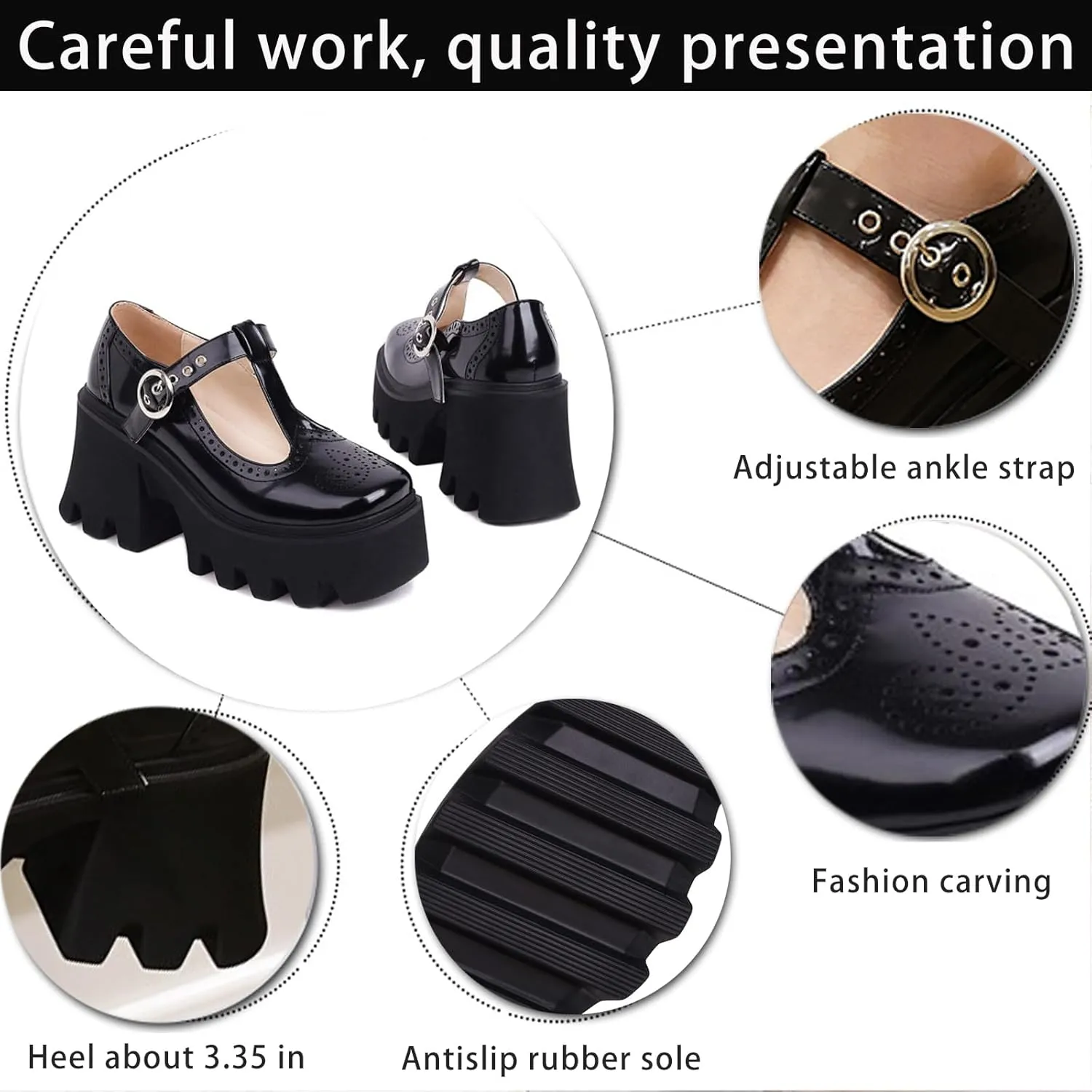 Women's Patent Leather Mary Jane Pumps - Chunky Heel Platform Shoes with T-Strap Non-Slip Lug Sole & Adjustable Hook Loop Dressy Heels for Work or Parties