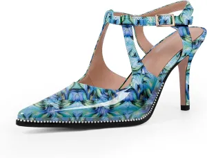 Women's Patent Leather T-Strap Stilettos High Heels Closed Pointed Toe Buckle Strap Dress Shoes Sexy Pumps