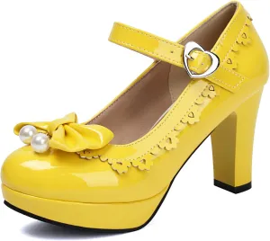 Women's Pearls Bow Platform High Heel Mary Janes Patent Leather Mirror Ruffles Grace Office Work Dress Pumps for Sweet Wedding Party Cosplay