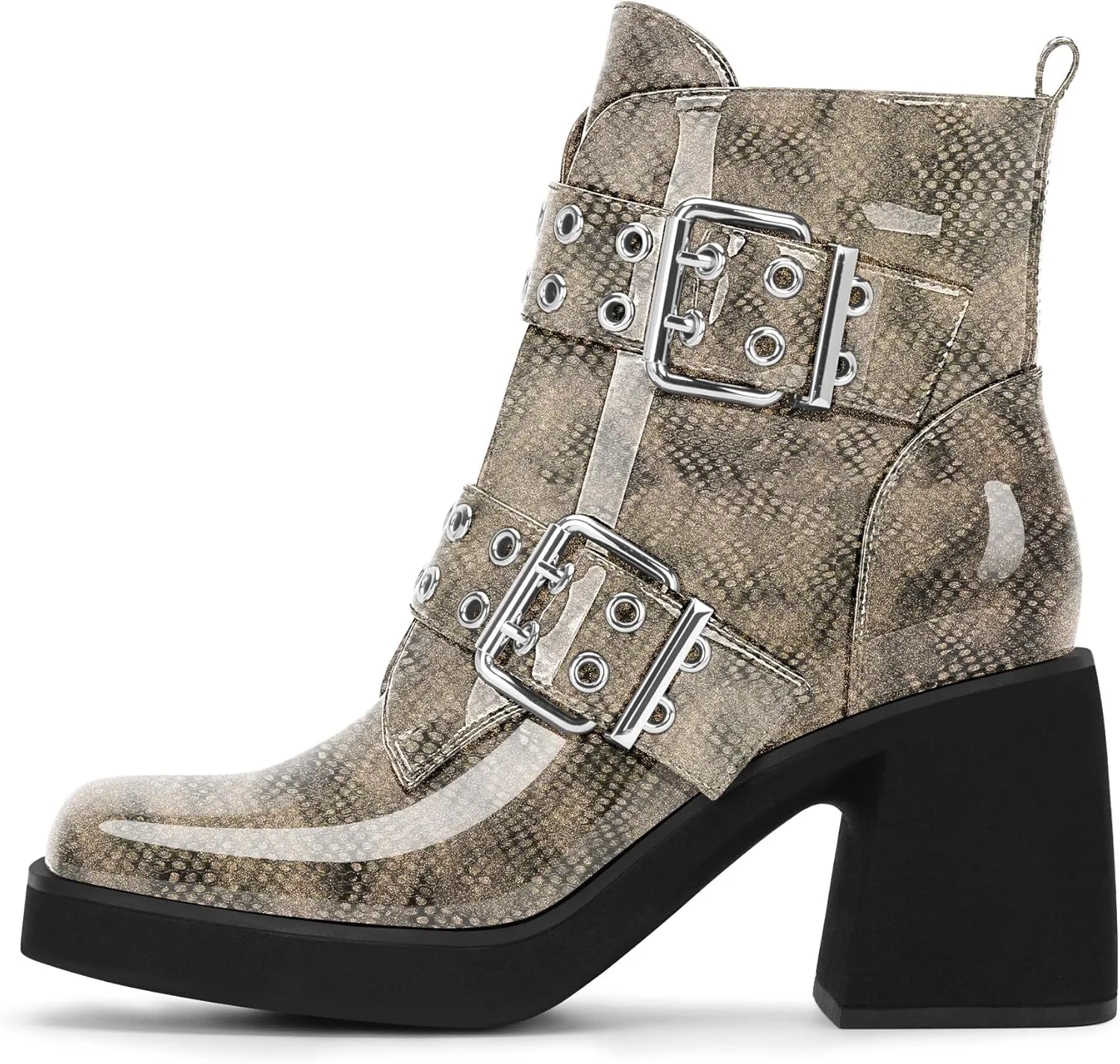 Women's Platform Chunky Heel Buckle Ankle Boots Patent Leather Side Zipper Booties