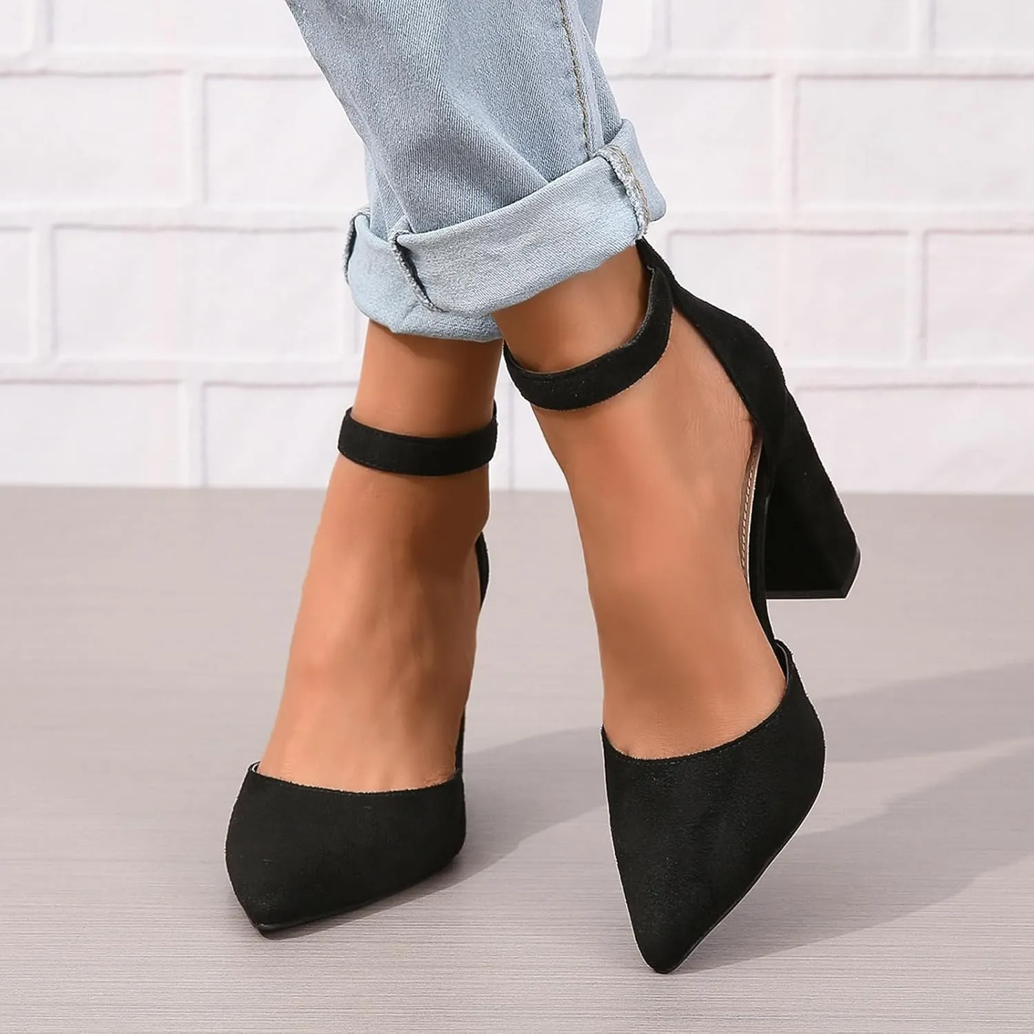 Women's Pointed Toe High Heels Pump Shoes Suede Closed Toe Ankle Strap Wedding Evening Party Dress Shoes
