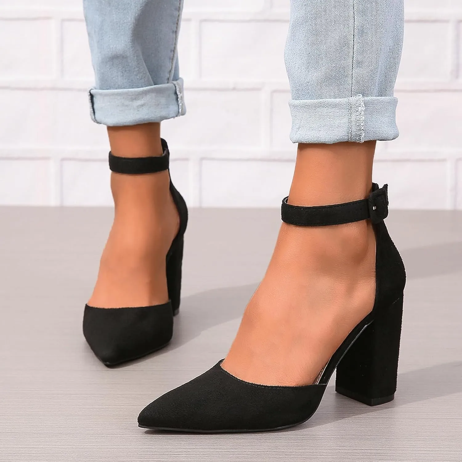 Women's Pointed Toe High Heels Pump Shoes Suede Closed Toe Ankle Strap Wedding Evening Party Dress Shoes
