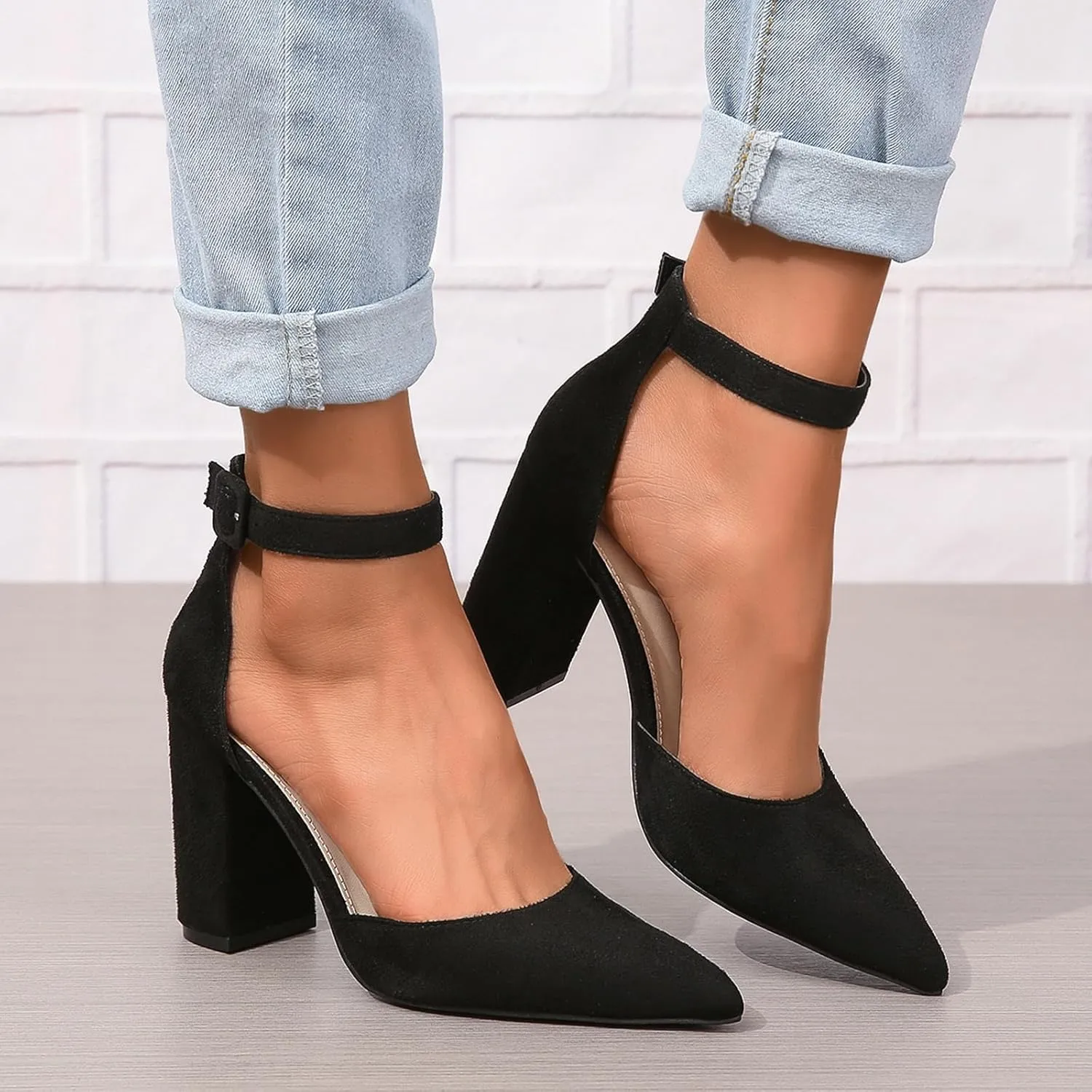 Women's Pointed Toe High Heels Pump Shoes Suede Closed Toe Ankle Strap Wedding Evening Party Dress Shoes