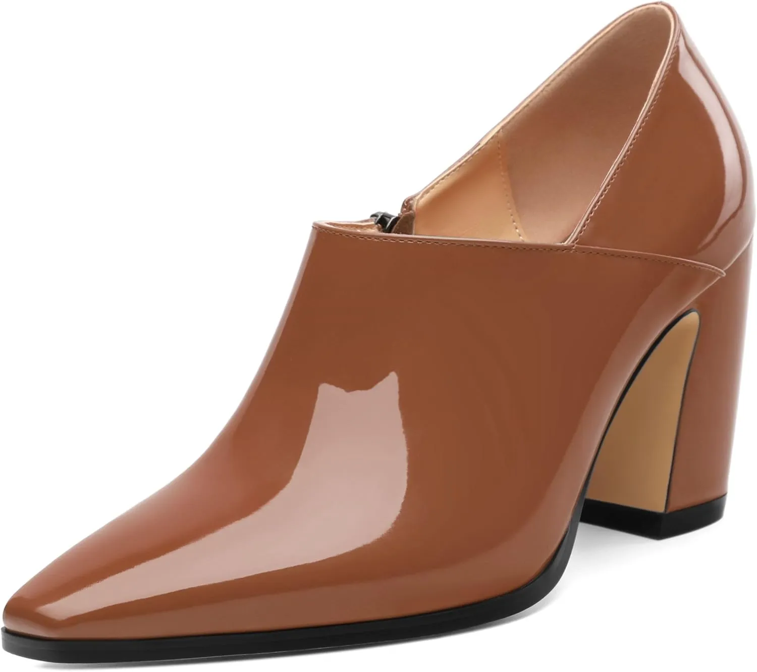 Women's Pumps, Patent Leather Square Toe Side Zipper Chunky Block High Heels Shoes, Elegant Comfort Casual Slip On Wedding Dress Shoes 3.35 Inch