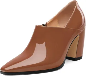 Women's Pumps, Patent Leather Square Toe Side Zipper Chunky Block High Heels Shoes, Elegant Comfort Casual Slip On Wedding Dress Shoes 3.35 Inch