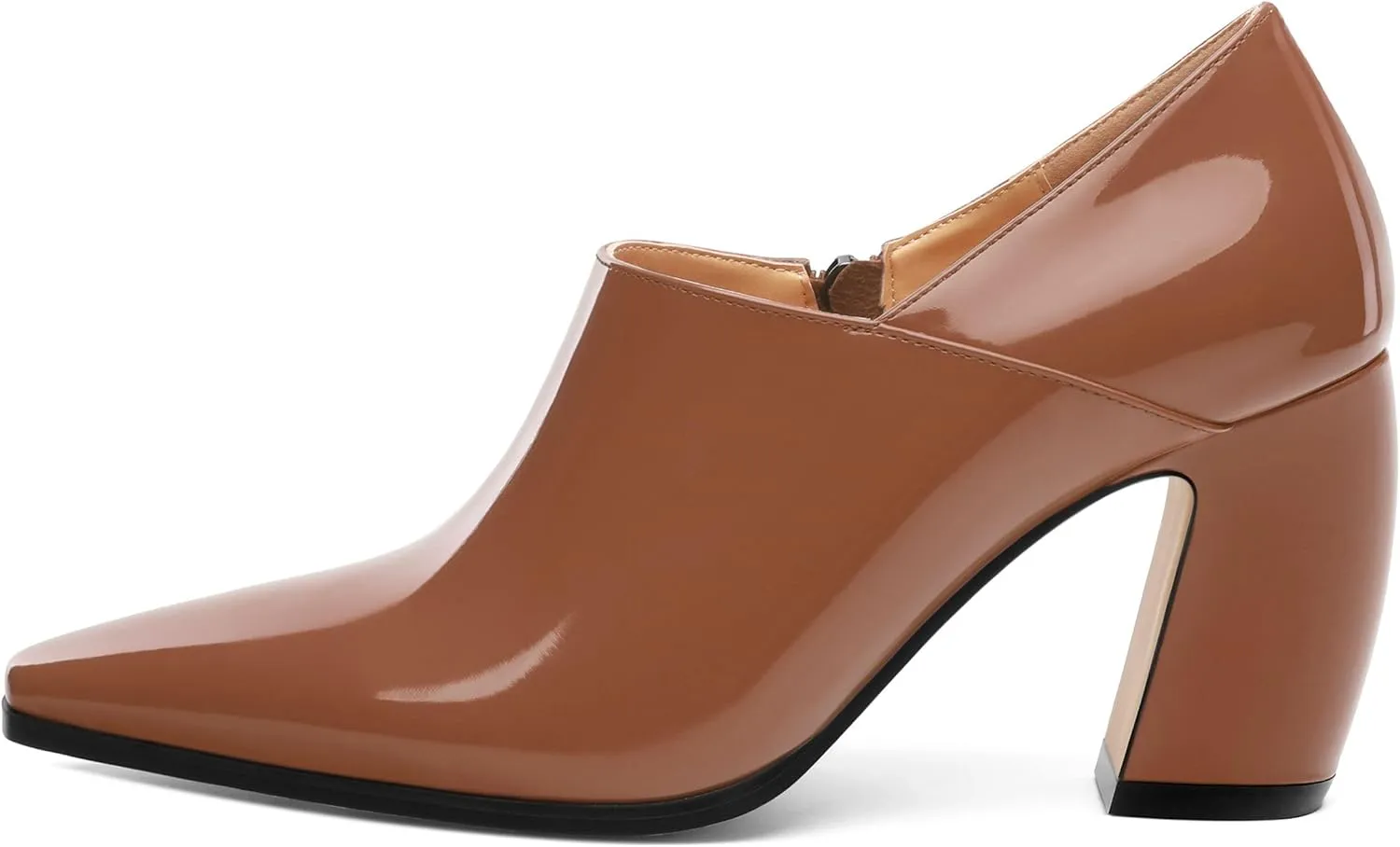 Women's Pumps, Patent Leather Square Toe Side Zipper Chunky Block High Heels Shoes, Elegant Comfort Casual Slip On Wedding Dress Shoes 3.35 Inch