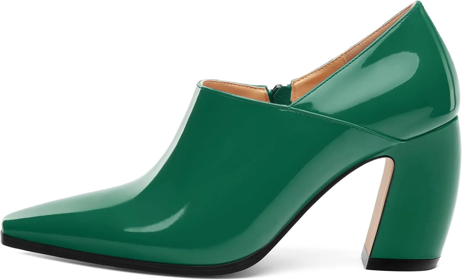 Women's Pumps, Patent Leather Square Toe Side Zipper Chunky Block High Heels Shoes, Elegant Comfort Casual Slip On Wedding Dress Shoes 3.35 Inch
